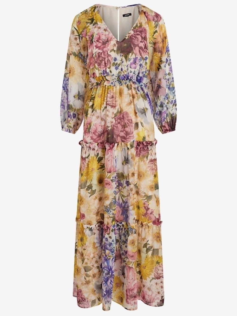 Express Floral V-Neck Tiered Maxi Dress - Pink, Yellow, Purple